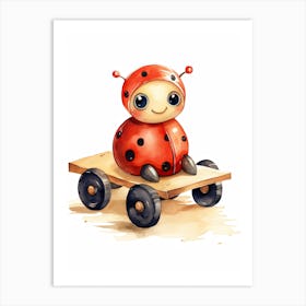Baby Ladybug On A Toy Car, Watercolour Nursery 2 Art Print