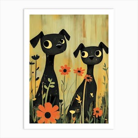 Two Black Dogs In The Meadow 2 Art Print