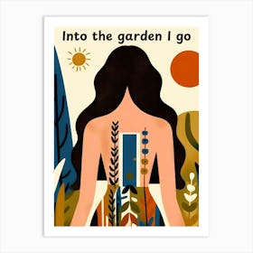 Into The Garden I Go, sun, long dark hair woman, abstract Art Print