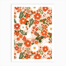 Christmas Bunnies and Botanicals Red and Green Winter Florals and Rabbits Art Print