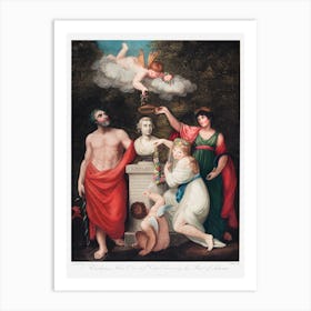 Flora, Aesculapius, Ceres, With Cupid, Honoring The Bust Of Linnaeus From The Temple Of Flora (1807), Robert John Thornton Art Print