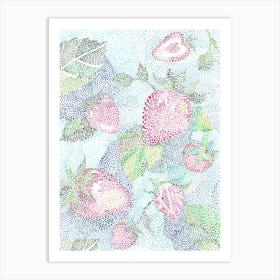 Pointillist Fruits Strawberries And Leaves Art Print