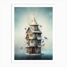Bird House Winter Snow Illustration 1 Art Print