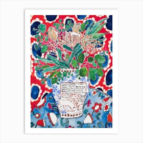 Lion Vase Floral Still Life With Red And Blue Patterns Art Print
