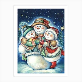 Happy Snowman Family Together On A Christmas Eve Art Print