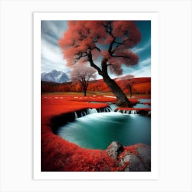 Red Tree In A Stream Art Print