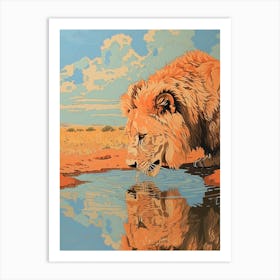 African Lion Relief Illustration Drinking 1 Art Print