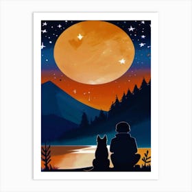 Boy And Dog Under The Moonlight In The Sky,  Minimilist,  Contrast  Art Print