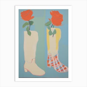 A Painting Of Cowboy Boots With Red Flowers, Pop Art Style 5 Art Print