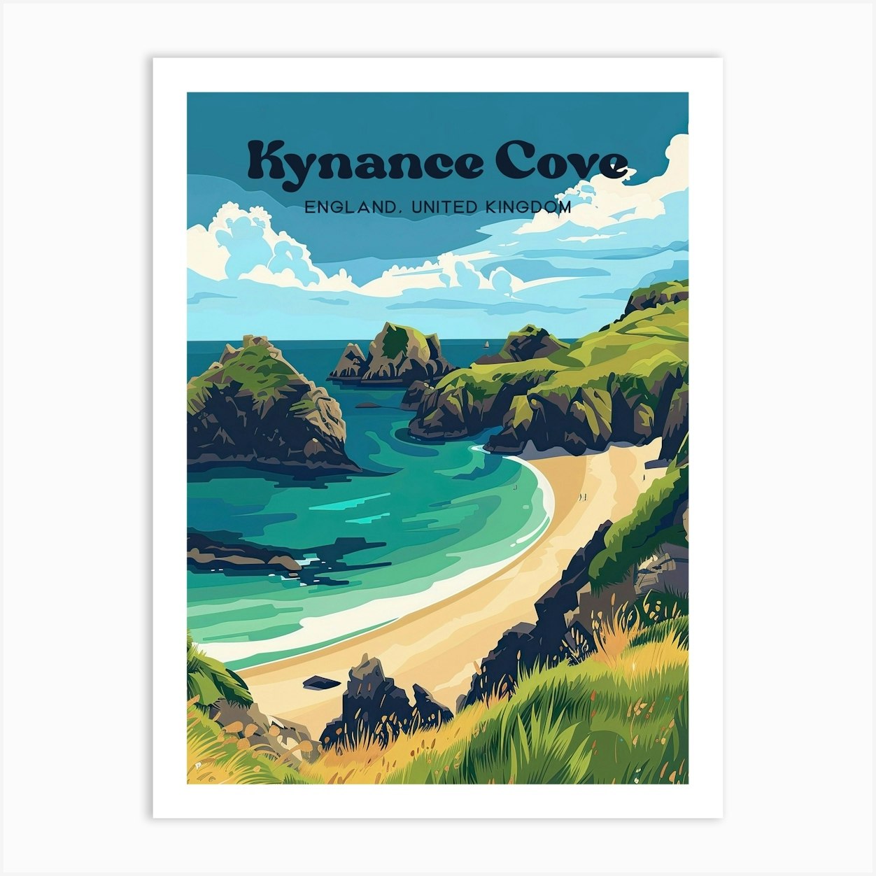 Kynance Cove Cornwall Digital Travel Illustration Art Print by Wanderscape Travel Art