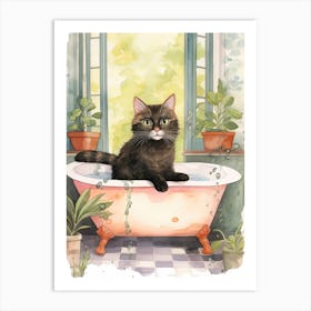 Black Cat In Bathtub Botanical Bathroom 9 Art Print