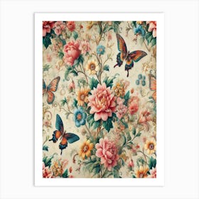 Floral Wallpaper With Butterflies Art Print