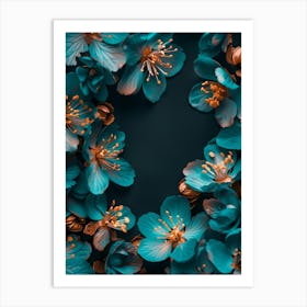 Blue Flowers On Black Background Art Print