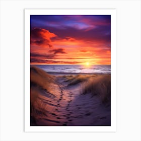 Formby Beach Merseyside With The Sun Set, Vibrant Painting 1 Art Print