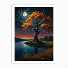 Moonlight Tree By The Lake Art Print