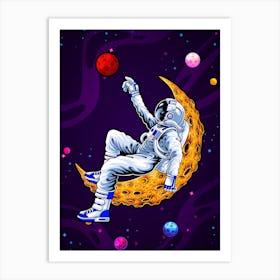 Astronaut and Moon dreaming about Mars — space poster, synthwave space, neon space, aesthetic poster Art Print