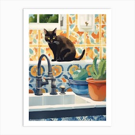 Black Cat In The Kitchen Sink, Mediterranean Style 1 Art Print