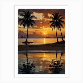 Sunset On The Beach With Palm Trees Art Print