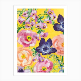 Navy Anemones On Yellow Art Print