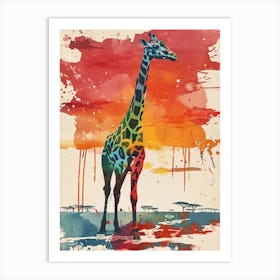 Giraffe Red Sunset Watercolour 1 Art Print