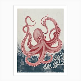 Red & Navy Blue Octopus In The Ocean Linocut Inspired 2 Art Print