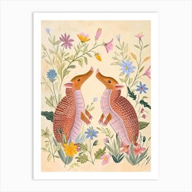 Folksy Floral Animal Drawing Armadillo Art Print