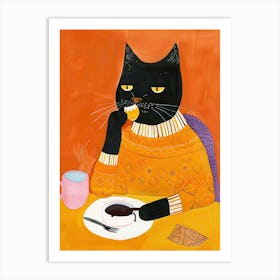 Black And Orange Cat Having Breakfast Folk Illustration 1 Art Print