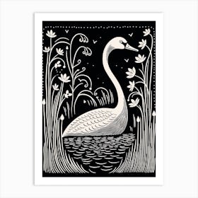 B&W Bird Linocut Swan 6 Art Print