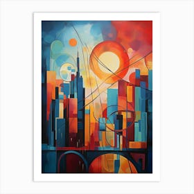 New York City V, Avant Garde Modern Abstract Vibrant Painting in Cubism Style Art Print