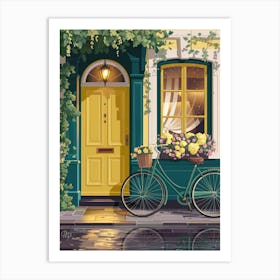 Anime Canvas Art: Charming Yellow House with Teal Bicycle, Flower Boxes, and Rainy Reflections, Perfect for Lofi Aesthetic and Urban Decor Lovers. Art Print