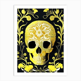 Skull With Floral Patterns 2 Yellow Line Drawing Art Print