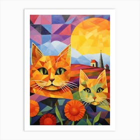 Two Abstract Portaits Of Cats With A Medieval Church In The Background Art Print