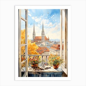 Window View Of Zagreb Croatia In Autumn Fall, Watercolour 3 Art Print