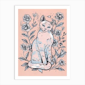 Cute Siamese Cat With Flowers Illustration 3 Art Print