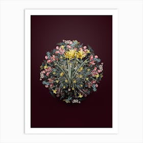 Vintage Golden Hurricane Lily Flower Wreath on Wine Red n.1292 Art Print