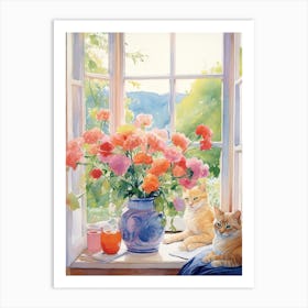 Cat With Sweet Pea Flowers Watercolor Mothers Day Valentines 2 Art Print