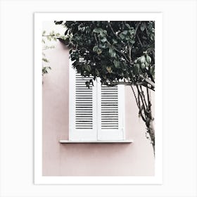 White Shutters On A Pink Wall Art Print