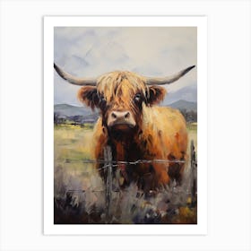 Moody Impressionism Style Painting Of Of Highland Cow By A Fence Art Print