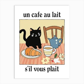 French Cafe Au Lait Black Cat Print Retro Drink Poster Kitchen Coffee Posters Un Cafe Sil Vous Plait Art Print