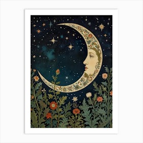 Moon And Flowers Style William Morris 2 Art Print 2 Art Print