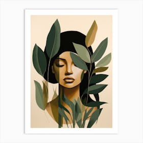 Portrait Of A Woman With Leaves Art Print