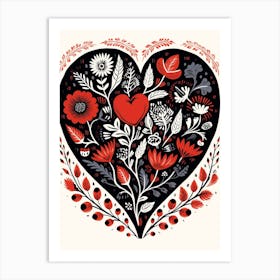 Folky Black Heart Floral Linocut Style Art Print