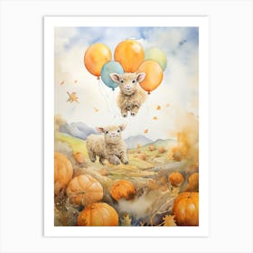 Sheep Flying With Autumn Fall Pumpkins And Balloons Watercolour Nursery 2 Art Print
