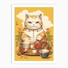 Kawaii Cat Drawings Drinking Tea 2 Art Print