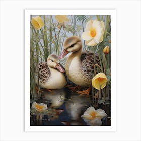 Floral Ornamental Ducks In The Cattail 2 Art Print