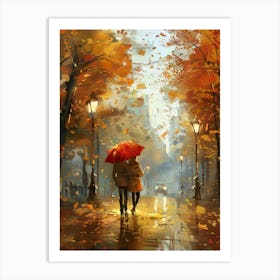 Autumn Couple Walking In The Rain Art Print