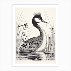 B&W Bird Linocut Grebe 4 Art Print