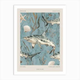 Pastel Blue Mako Shark Watercolour Seascape Pattern 2 Poster Art Print