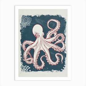 Octopus Linocut Style With Aqua Marine Plants 4 Art Print