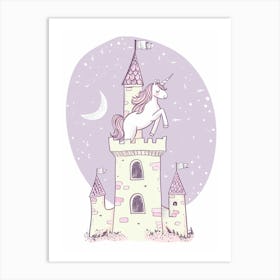 Unicorn In A Castle Lilac Pastel Doodle Art Print
